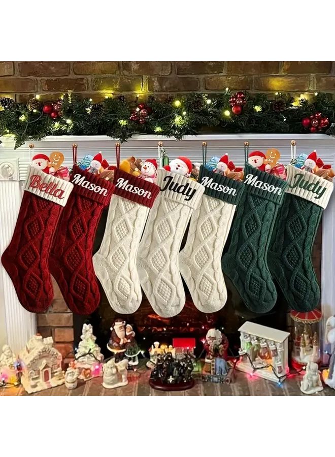 Personalized Knitted Christmas Stockings Green 3pcs Set With Name Embroidery - Image 1